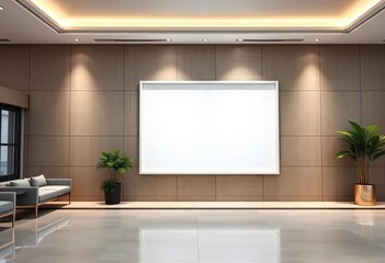Large blank white rectangular frame on lobby wall, ideal for mockups, advertisement, empty frame