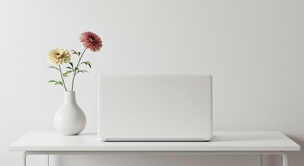 Laptop and Flower on Table