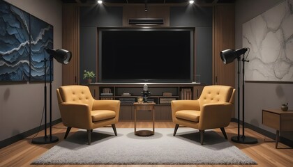 A cozy home theater beckons promising intimate movie nights and engaging podcast recordings in the amber glow with