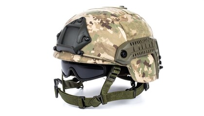 Close-up of a camouflage helmet with visor against a white background. Detail of the helmet's construction and color pattern is visible