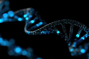 Abstract DNA strand helix structure in blue glowing dots on black background close up science and medicine concept genetic research and biotechnology
