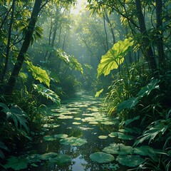 A serene image of a lush, sunlit forest with a tranquil pond reflecting the verdant surroundings and towering trees.