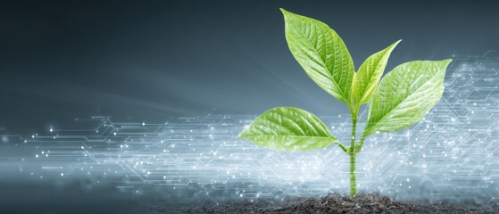 Sprout emerging from soil with digital network overlay symbolizing growth and technology future concept studio shot