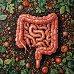 The image is an artistic rendering depicting a large, intricately designed model of the human digestive system, set against a backdrop of vibrant, natural elements like leaves, berries, and vegetables