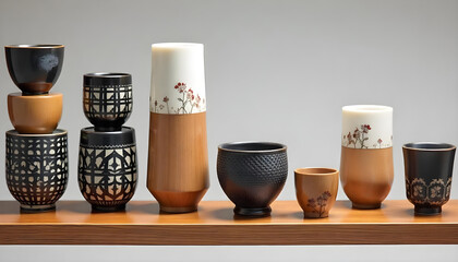 A collection of small sake cups, some are black and white ceramic, others are made of wood, on a wooden shelf with a black background 
