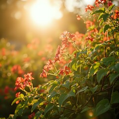 The image shows a close-up view of a vibrant garden scene with sunbeams filtering through the leaves and flowers, creating a warm and serene atmosphere.