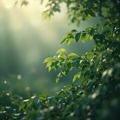 The image shows a close-up of lush green leaves with sunlight filtering through, creating a soft, natural blur effect.