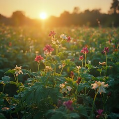 The image captures a vibrant field of flowers bathed in warm sunlight, with the sun's rays casting a golden glow across the scene.