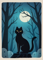 Black cat sitting against trees under full moon