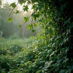 The image captures a serene natural scene where verdant foliage dominates the foreground, with the sun's rays filtering through the leaves, casting a dappled light on the scene.