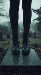 A pair of black boots with laces are on a stone slab