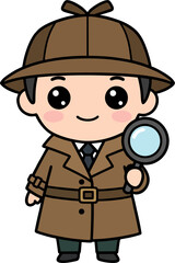 Vector Illustration of a Cute Cartoon Detective Boy Character in Brown Trench Coat and Hat Holding Magnifying Glass – Chibi Style Clipart for Kids and Mystery Themes