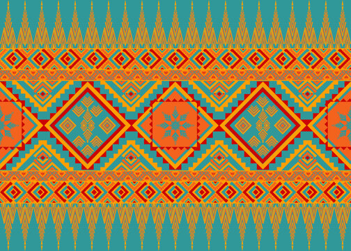 Orange on green background seamless geometric traditional pattern design for decoration, textile, fabric print, carpet.