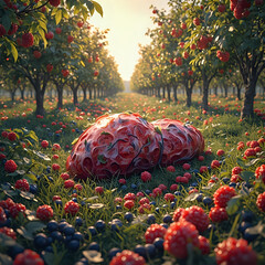 The image showcases a surreal digital landscape featuring two raspberries lying on a bed of red berries in the foreground, with rows of trees in the background and a warm, golden glow from the sun.