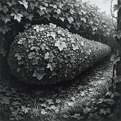 The image is a black and white painting depicting a dense growth of leaves and grapes enveloping a leafless tree trunk, suggesting a sense of isolation amidst the foliage.
