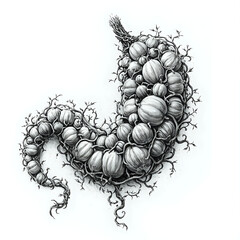 The image depicts a detailed black and white illustration of a whimsical, twisted tree trunk with an assortment of round, orange fruits or pumpkins growing from it, arranged in a seemingly random and 
