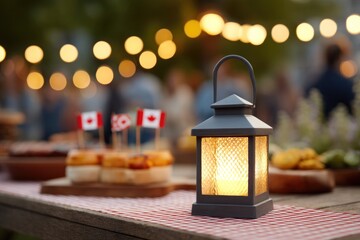 Warm lantern illuminates festive gathering with Canadian flags a