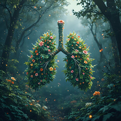 The image depicts a surreal scene with a pair of lungs formed by trees, each branch adorned with an assortment of flowers.