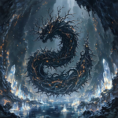 The image depicts a fantastical dragon-like creature with a serpentine body and a curled neck, situated within a cave-like environment.