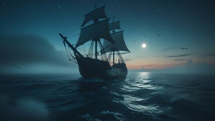 An ethereal ghost ship at dusk, a cinematic journey across indigo seas and starry skies.