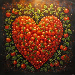 The image showcases a vibrant painting featuring a heart-shaped cluster of tomatoes, surrounded by green leaves and twigs, set against a dark backdrop with a scattering of stars.