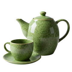 Green speckled teapot and teacup set isolated on a white background