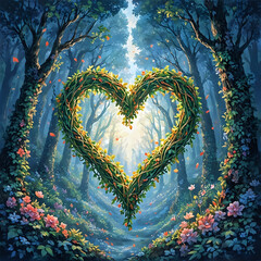 A heart-shaped wreath made of vines and leaves is the central focus of a fantastical forest scene, surrounded by an array of flowers, leaves, and trees.