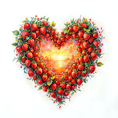 The image features a heart-shaped arrangement of strawberries with a sunset scene depicted within it, all set against a white background.