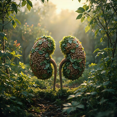 The image depicts two kidney-shaped trees, each composed of brown leaves and nuts, situated amidst a verdant forest.
