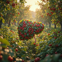 A digital artwork of a heart-shaped cluster of red berries amidst a field of red berries and lush green leaves, with sunlight filtering through the foliage.