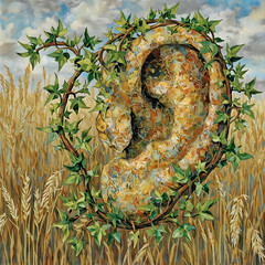 The image is an artistic rendering of an ear with leaves sprouting out from it, set against a backdrop of a wheat field under a cloudy sky.