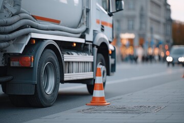 Heavy-duty truck parked near road, showcasing urban maintenance