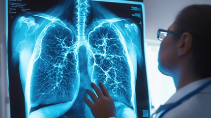 A focused doctor examining a detailed lung x ray searching for answers and hoping for the best in