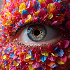 The image is a close-up of a vibrant, multicolored flower arrangement with a stylized eye in the center, showcasing intricate details and a striking iris.