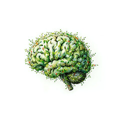 The image portrays a creative rendering of a brain adorned with foliage, presenting a unique blend of nature and technology.