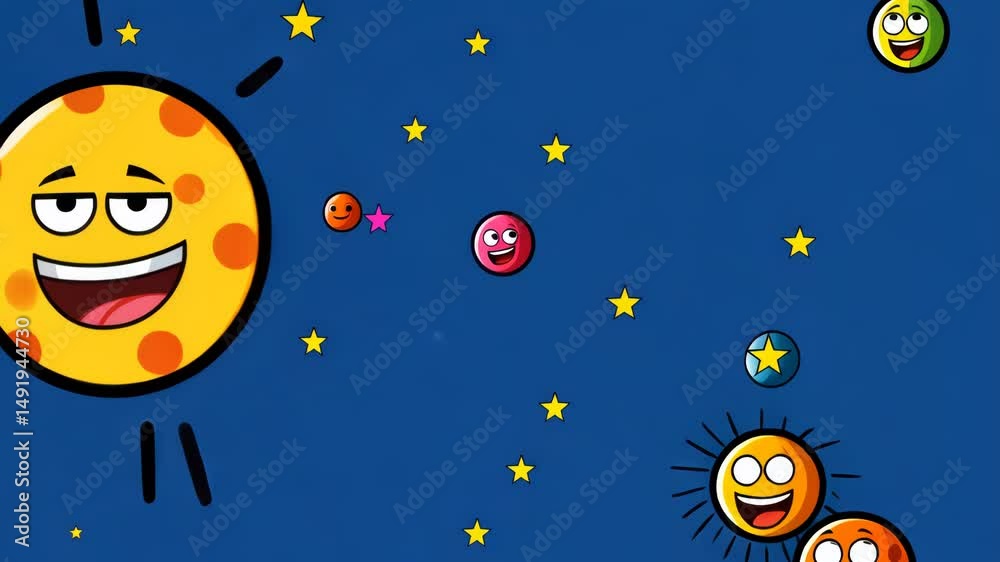 Poster a cartoon of a smiling sun with a bunch of smiling faces in the sky. the sun is surrounded by a bunc