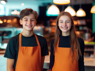 Two young waiters, boy and girl, smiling in orange aprons, standing in modern cafe interior, cheerful mood