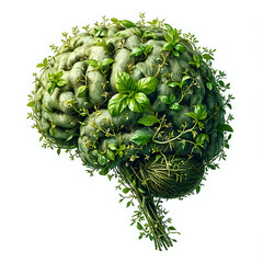 A digital illustration depicting a brain formed from a dense growth of green leaves and stems, with small buds visible, set against a white background.
