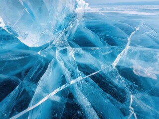 Frozen lake Baikal ice close up texture with cracks and fractures in winter season natural light