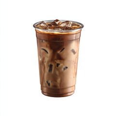 Iced coffee beverage in plastic cup with ice cubes against white background studio shot refreshing drink