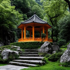 Serene Orange Pavilion nestled in Lush Green Mountainside Garden