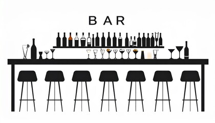 Elegant bar table with stools and wine bottles, a cozy setting for relaxing evening