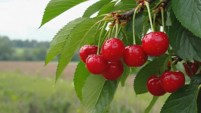 Fresh red cherries on tree branch after rain. 