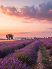 Lavender Fields Bathed in the Soft Glow of Dusk with a Tree Silhouette