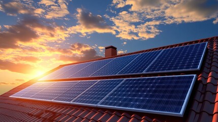 Solar panels on a residential roof at sunset.
