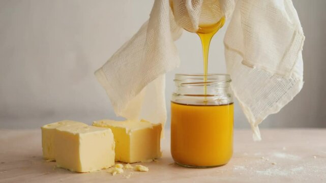 Clarified butter being strained into jar with cheesecloth. 