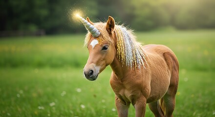 Fototapeta premium Magical foal with unicorn horn