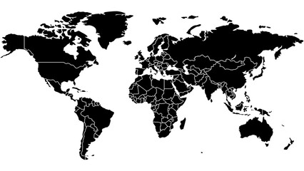 A black and white world map showing continents and countries with white borders on a white background