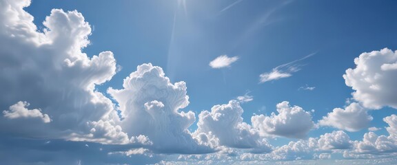 Clear, vibrant blue sky dotted with brilliant white clouds, sunlight reflecting , unpolluted, summer