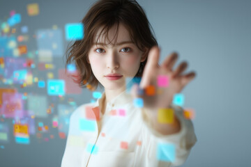 スタイリッシュな女性と次世代インターフェース、空間UIテクノロジーの時代